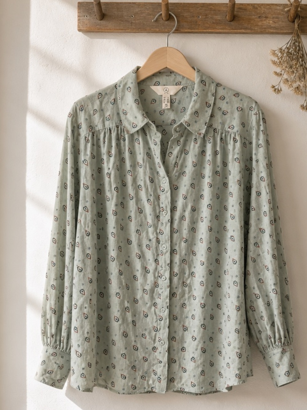 Relaxed Sage Printed Button-Down Shirt